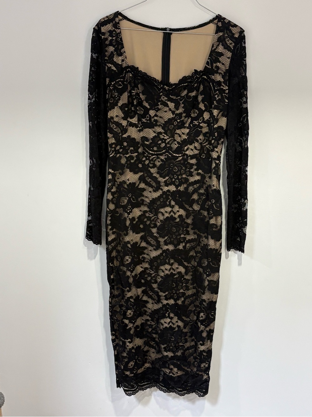 Black Lace Midi Dress with Nude Underlay - Elegant Long Sleeve